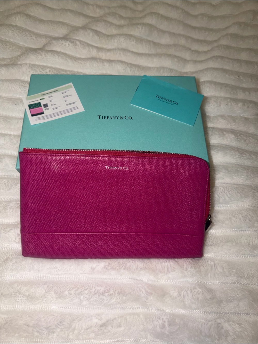 Tiffany & Co. Hot Pink Leather Zip Cosmetic Pouch